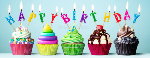 five colorfully decorated cupcakes in a row, with the letters of Happy Birthday spelled out in lit candles, two or three candles poked into each cupcake