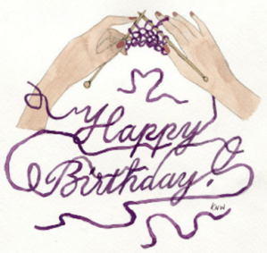 Happy Birthday! spelled out with yarn from knitting in progress