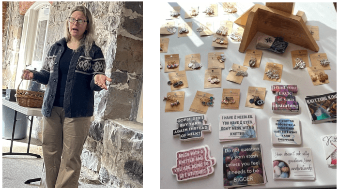photo of Jennefer Marker, wearing glasses and a blue cardigan sweater and tan pants, talking in front of the Salem Millstream Knitting Guild; next to a photo of many different designs of stitch markers and stickers available for sale from Compass Moon Creations