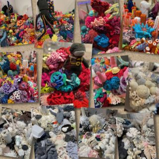 photo collage of images from the knitted and crocheted coral reef installation at the Willamette Heritage Center
