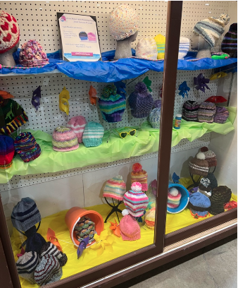 photo of a display case at the Oregon State Fair with many hats in various colors, arranged in various groupings on three shelves