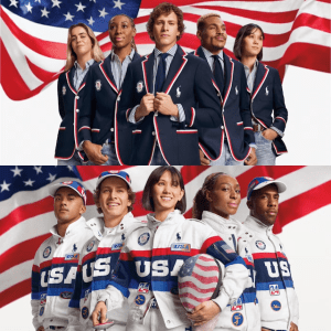 photos of U.S. Olympic team uniforms 2024: top photo: five teammates in navy blue; bottom photo: five teammates tin white with "USA" across the middle