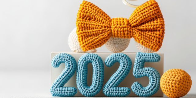 Crochet art piece featuring the year 2025, accompanied by a vibrant bow and a ball, all crafted from yarn.