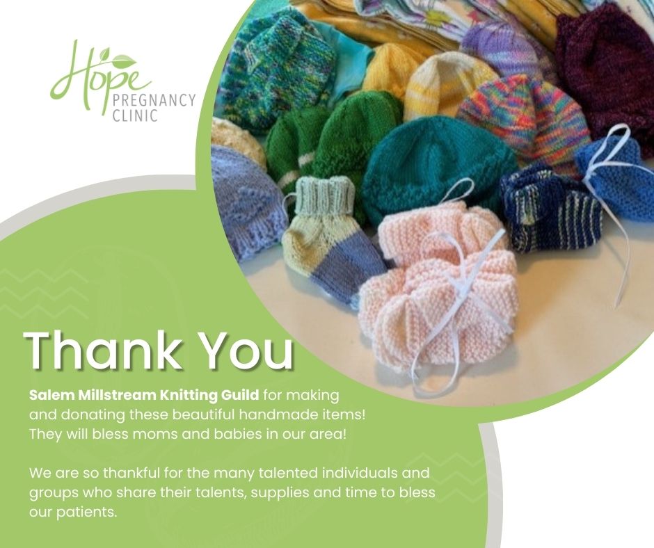 Thank you card with photo of knitted baby hats and booties in various colors; text: Thank you Salem Millstream Knitting Guild for making and donating these beautiful handmade items! They will bless moms and babies in our area! We are so thankful for the many talented individuals and groups who share their talents, supplies and time to bless our patients.