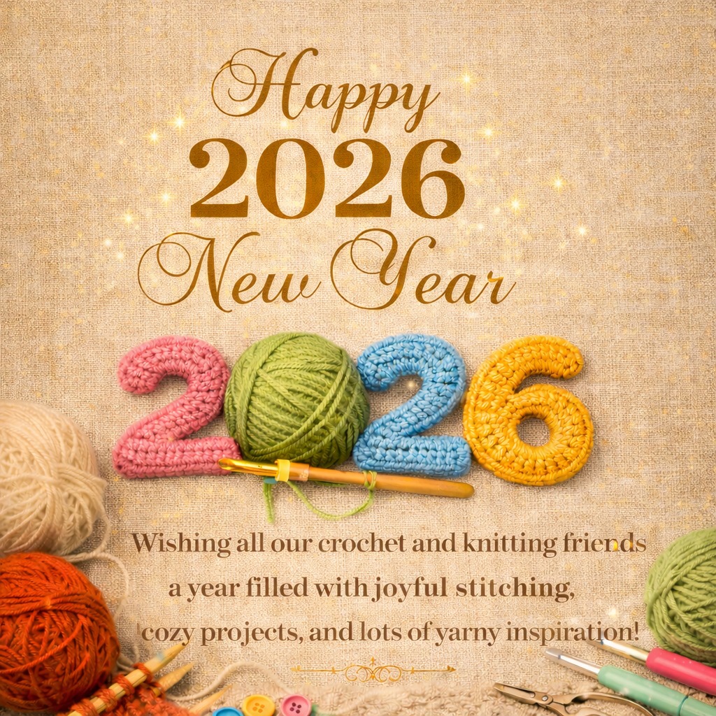 Happy 2026 New Year (crocheted pink number 2, green ball of yarn, crocheted blue number 2, crocheted yellow number 6) Wishing all our crochet and knitting friends a year filled with joyful stitching, cozy projects, and lots of yarny inspiration!