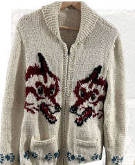 Knitted wolf cardigan adapted with red fox faces on the front panels